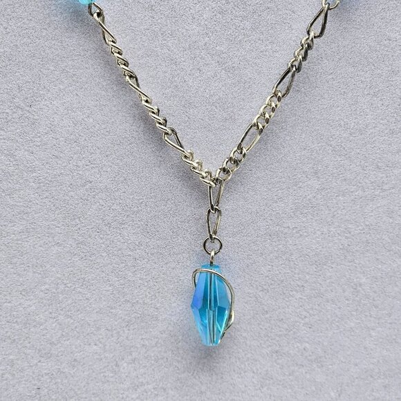 Blue Crystal Silver Tone Chain Necklace With Drop Pendant - Picture 2 of 6